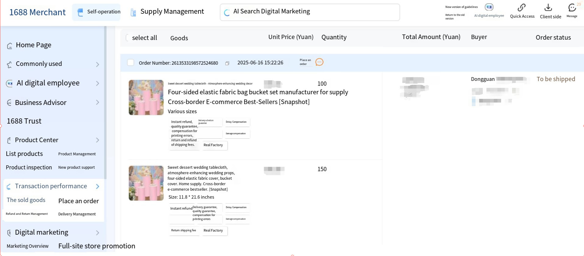 último caso de la compañía sobre Un cliente realizó un pedido de 250 juegos de mantelería en Alibaba