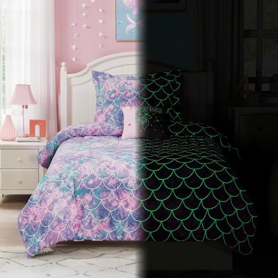 Comfortable Fluorescence Childrens Quilt Set 3 Piece Mermaid Double Bedding Set