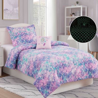 Comfortable Fluorescence Childrens Quilt Set 3 Piece Mermaid Double Bedding Set