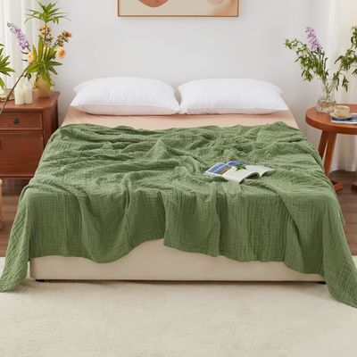 Breathable Layered Gauze Blanket Olive Green With Bohemian Style