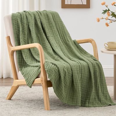 Breathable Layered Gauze Blanket Olive Green With Bohemian Style