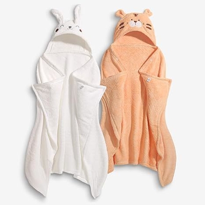 2-Pack Hooded Baby Bath Towels - White Rabbit & Orange Tiger - 50x32 Inches