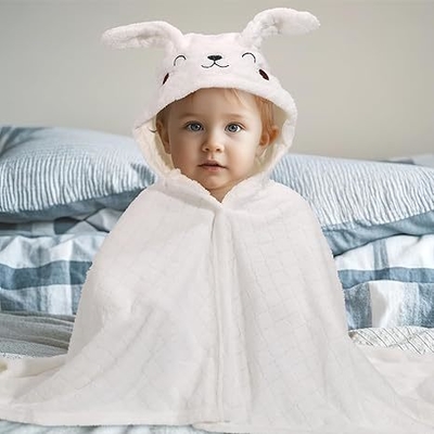 2-Pack Hooded Baby Bath Towels - White Rabbit & Orange Tiger - 50x32 Inches