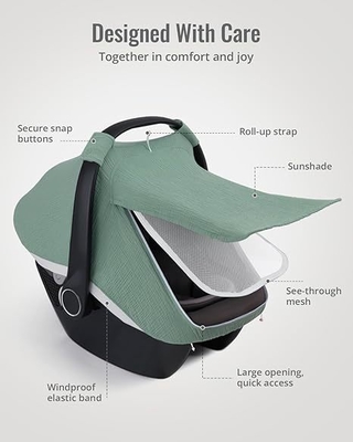 Roman Green Muslin Cotton Baby Car Seat Cover with Mesh Window