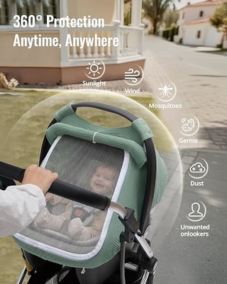 Roman Green Muslin Cotton Baby Car Seat Cover with Mesh Window