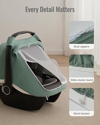 Roman Green Muslin Cotton Baby Car Seat Cover with Mesh Window
