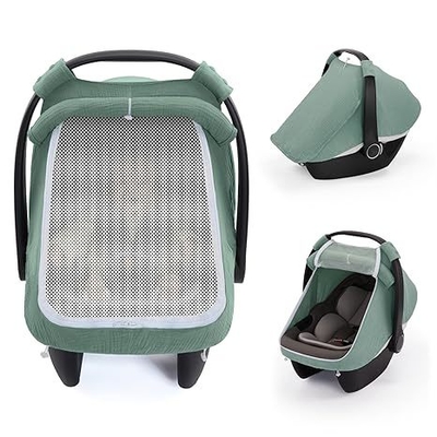 Roman Green Muslin Cotton Baby Car Seat Cover with Mesh Window