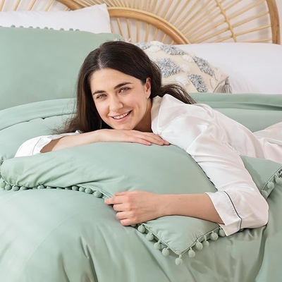 Sage Green Bohemian Microfiber Comforter Set with Pom Fringe