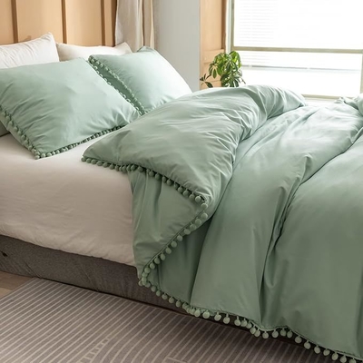 Sage Green Bohemian Microfiber Comforter Set with Pom Fringe