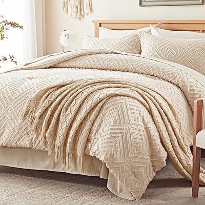 7-Piece Beige Tufted Comforter Set Queen Microfiber Bedding