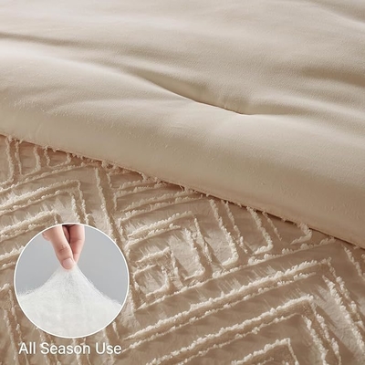 7-Piece Beige Tufted Comforter Set Queen Microfiber Bedding