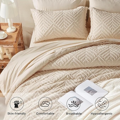 7-Piece Beige Tufted Comforter Set Queen Microfiber Bedding