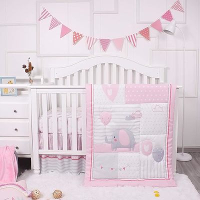 3-Piece Grey Crib Set with 52x28 Fitted Sheet, Quilt & Skirt