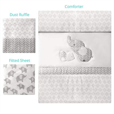 3-Piece Grey Crib Set with 52x28 Fitted Sheet, Quilt & Skirt