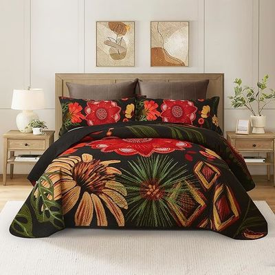 3-Piece Mid Century Modern Farmhouse Quilt Set with Botanical Print Reversible Bedspread Coverlet
