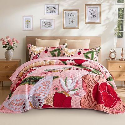 3-Piece Mid Century Modern Farmhouse Quilt Set with Botanical Print Reversible Bedspread Coverlet