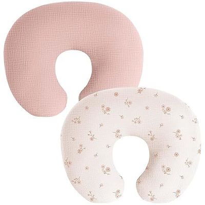 2 Pack Muslin Nursing Pillow Covers, Soft & Adorable Slipcovers with Zipper Closure, 100% Cotton Covers for Breastfeeding Pillows