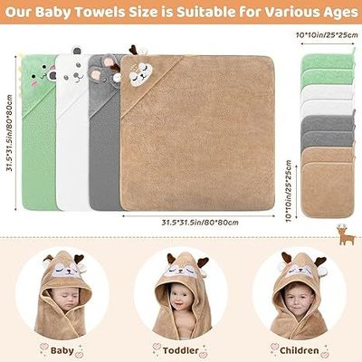 12 PCS Baby Bath Towels Set, 4 PCS Animal Hooded Baby Towels & 8 PCS Washcloths Set, Ultra Absorbent Cute Soft 