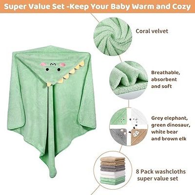 12 PCS Baby Bath Towels Set, 4 PCS Animal Hooded Baby Towels & 8 PCS Washcloths Set, Ultra Absorbent Cute Soft 