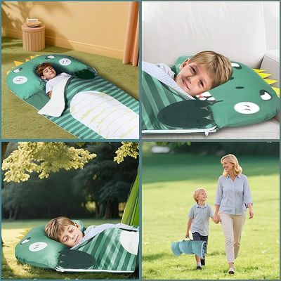Kids Dinosaur Toddler Nap Mat with Pillow,  Large Slumber Bag for Daycare Preschool Travel Camping