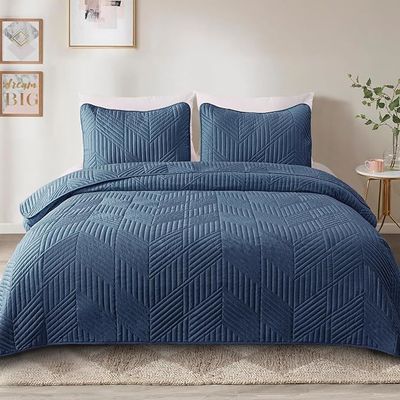3 Pieces Ultrasonic Quilt Bedding Set, Soft Modern Geometric Coverlet Set for All Seasons