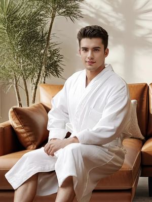 Classic Men’s Lounge Bathrobe – Soft V-Neck Belted Robe with Long Sleeves for Everyday Comfort