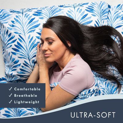 Super Soft Wrinkle Resistant Blue Indigo Palms Pattern Bedding Set, Vibrant Print All-Season Sheet Set