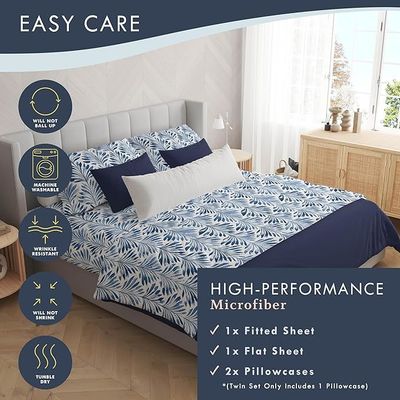 Super Soft Wrinkle Resistant Blue Indigo Palms Pattern Bedding Set, Vibrant Print All-Season Sheet Set
