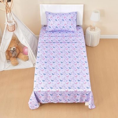 Girls Sheet Set with Floral Butterfly Pattern, Breathable Silky Soft Microfiber Sheet Set