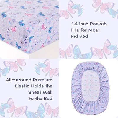 Girls Sheet Set with Floral Butterfly Pattern, Breathable Silky Soft Microfiber Sheet Set