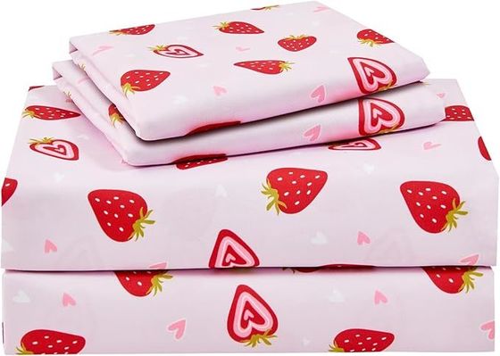 Pink Strawberry Printed Kids Sheet Set,Breathable & Silky Soft Microfiber Kids Sheet Set