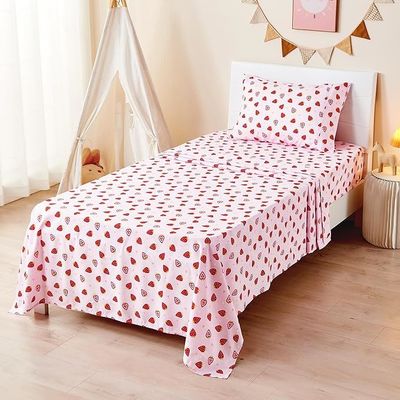 Pink Strawberry Printed Kids Sheet Set,Breathable & Silky Soft Microfiber Kids Sheet Set