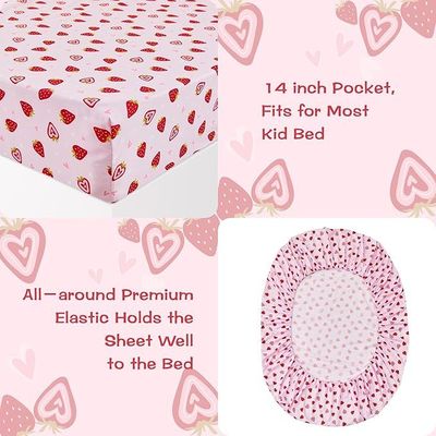 Pink Strawberry Printed Kids Sheet Set,Breathable & Silky Soft Microfiber Kids Sheet Set