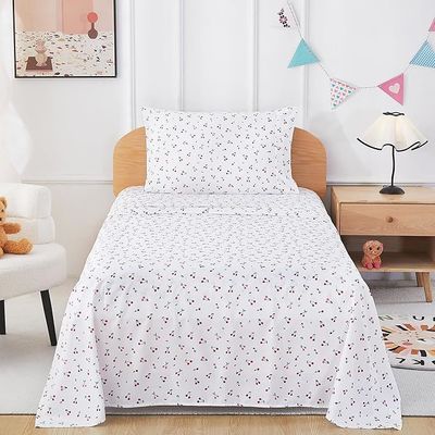 Kids Twin Sheet Set with Little Cherry Pattern,Breathable Silky Soft Microfiber Sheet Set