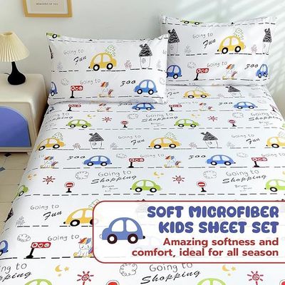 Kids Car Sheets Set With Deep Pockets, Breathable, Wrinkle-Free, Cozy Soft Cute Bed Sheets Set