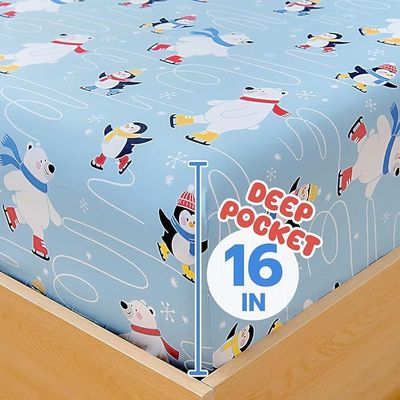 Toddler Sheet Set With Deep Pockets,Wrinkle-Free, Cozy Soft Penguin Skiing Bed Sheet Set
