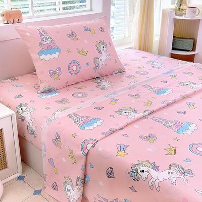 Kids Pink Unicorn Sheet Set With Deep Pockets, Breathable, Wrinkle-Free Bed Sheet Set