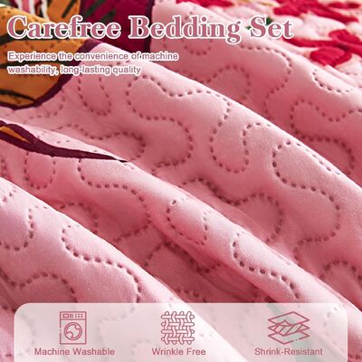 Pink Boho Floral Bedding Quilt Sets for All Season, Lightweight Bedspread Coverlet Set