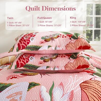 Pink Boho Floral Bedding Quilt Sets for All Season, Lightweight Bedspread Coverlet Set