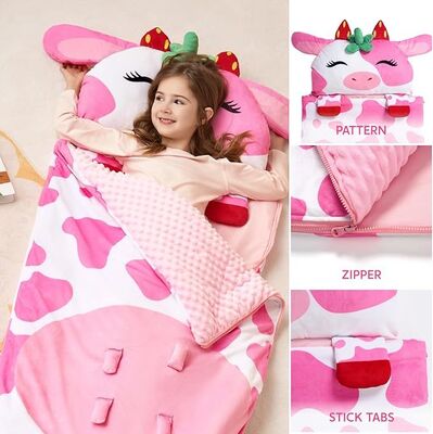 Pink Strawberry Cow Toddler Nap Mat with Pillow and Blanket For Kids Ages 3+