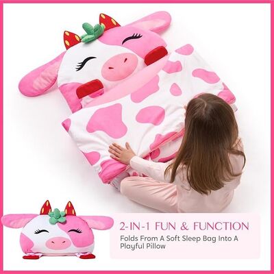 Pink Strawberry Cow Toddler Nap Mat with Pillow and Blanket For Kids Ages 3+