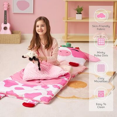 Pink Strawberry Cow Toddler Nap Mat with Pillow and Blanket For Kids Ages 3+
