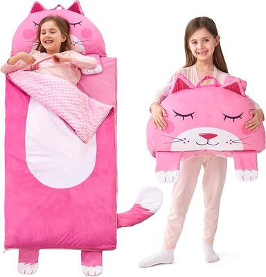 Pink Cat Toddler Nap Mat with Pillow & Blanket 60" x 27" for Kids Ages 3+