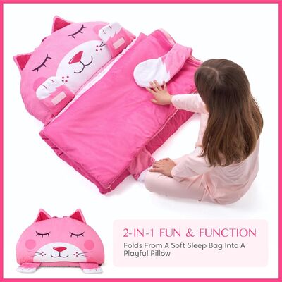 Pink Cat Toddler Nap Mat with Pillow & Blanket 60" x 27" for Kids Ages 3+