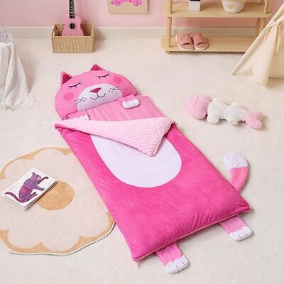 Pink Cat Toddler Nap Mat with Pillow & Blanket 60" x 27" for Kids Ages 3+