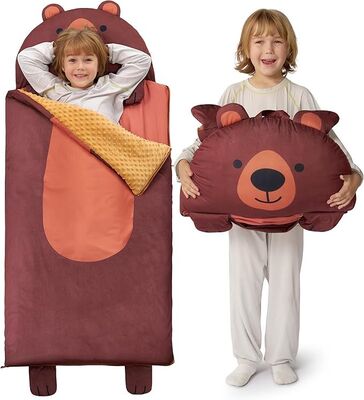 Brown Bear Toddler Nap Mat with Pillow & Blanket 60" x 27" for Kids Ages 3+