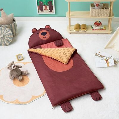 Brown Bear Toddler Nap Mat with Pillow & Blanket 60" x 27" for Kids Ages 3+