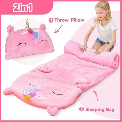 Toddler Girl Nap Mat, Plush Unicorn Slumber Bag 2 In 1 Pink Pillow For Ages 3+