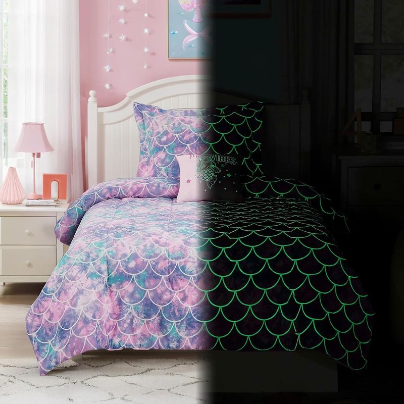 Comfortable Fluorescence Childrens Quilt Set 3 Piece Mermaid Double Bedding Set