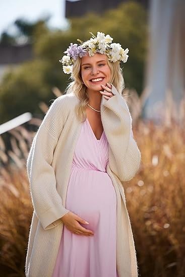 Comfortable Pink Maternity Dress Breathable Sleepwear For Breastfeeding